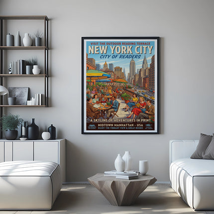 New York City skyline vintage travel poster with text.