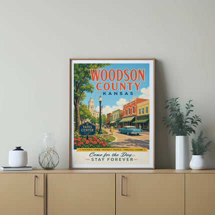 Woodson County Kansas poster featuring Yates Center with vintage buildings.