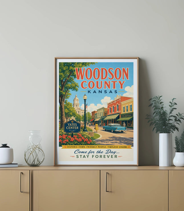 Woodson County Kansas poster featuring Yates Center with vintage buildings.