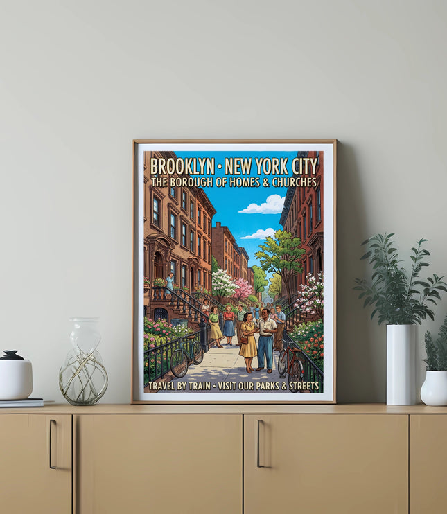 Brooklyn New York City vintage travel poster with people and brownstones.