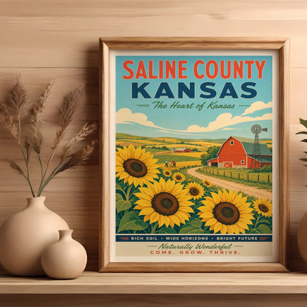 Vintage Saline County, Kansas poster with sunflowers and farm scene.