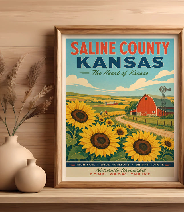 Vintage Saline County, Kansas poster with sunflowers and farm scene.