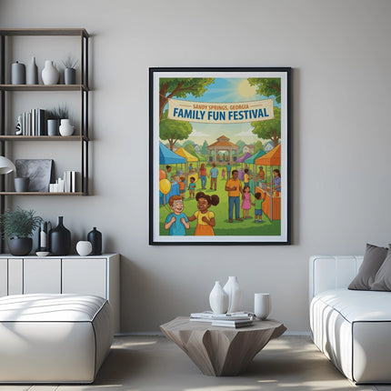 Family Fun Festival poster with Sandy Springs, Georgia text and people enjoying activities.