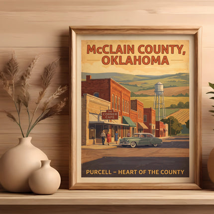 McClain County, Oklahoma artwork features a town scene with a vintage car and text.