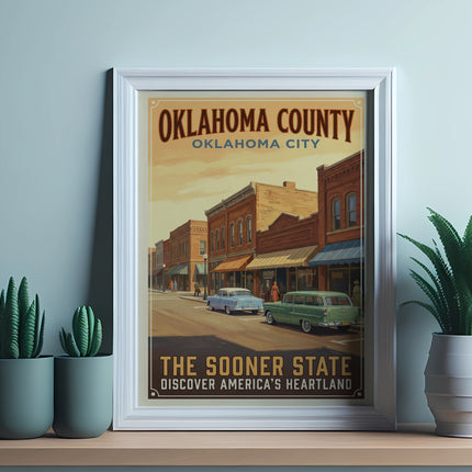 Oklahoma County vintage travel poster with historic cars and buildings.
