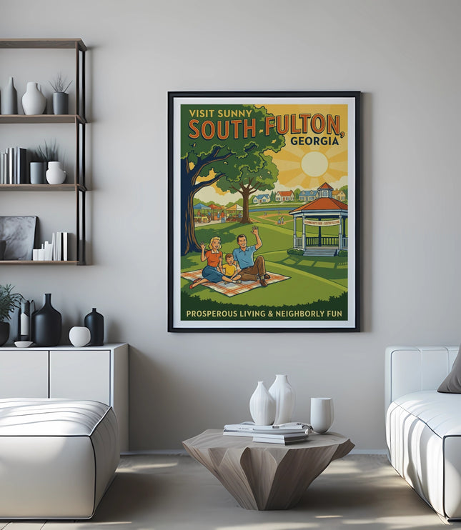 Poster for "Visit Sunny South Fulton, Georgia" with a family picnic scene.