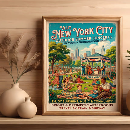 New York City outdoor summer concert poster with park scene.