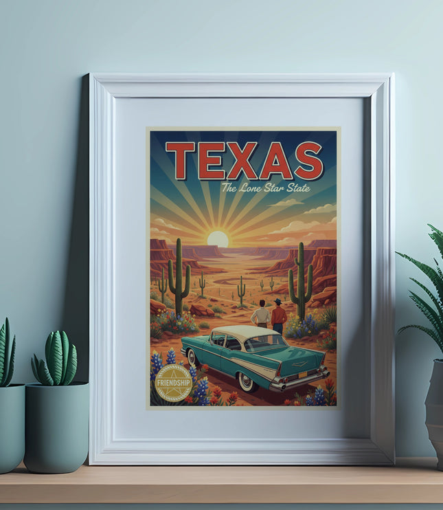 Retro Texas Lone Star State desert landscape with vintage car and couple in frame.