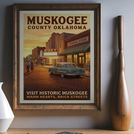 Muskogee County Oklahoma vintage travel poster showing a street scene with Roxy theater.