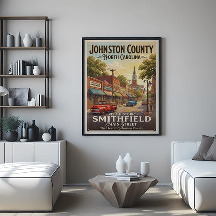 Vintage travel poster for Smithfield, Main Street, NC with red truck and buildings.