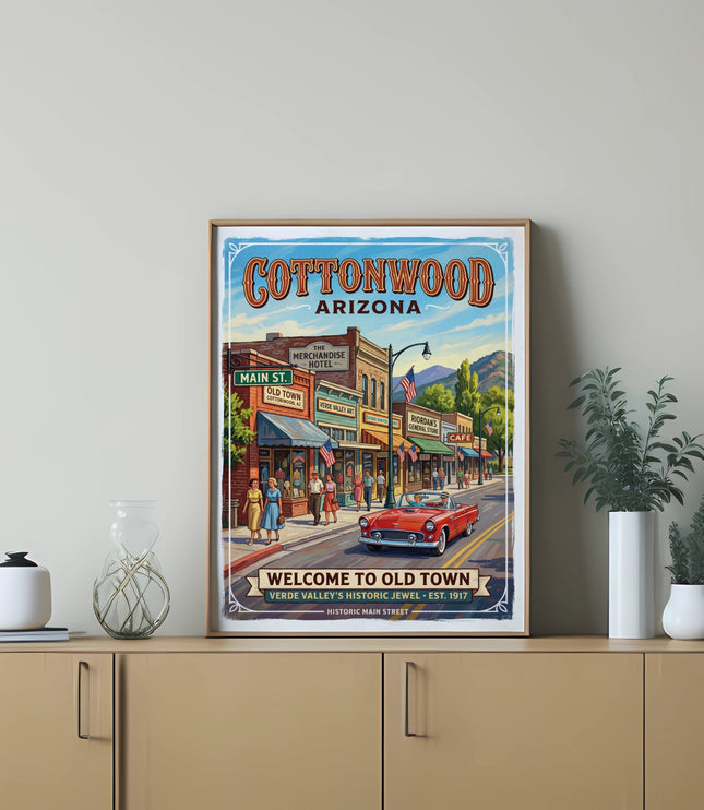 Cottonwood Arizona vintage travel poster with red convertible and historic Main Street shops.