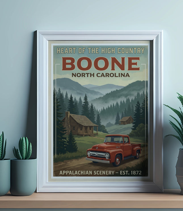 Framed print of Boone, North Carolina with cabin, red truck, and mountains.