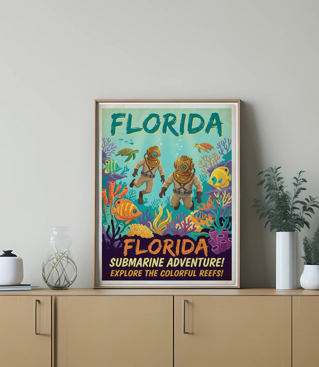 Florida submarine adventure poster with divers, sea turtles, and colorful fish.