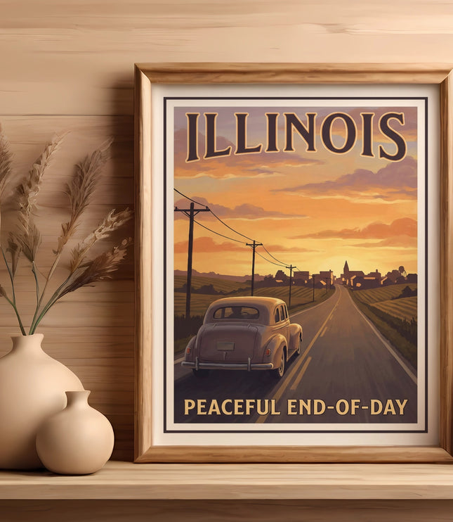 Illinois poster with vintage car on road at sunset, "Peaceful End-of-Day" text.