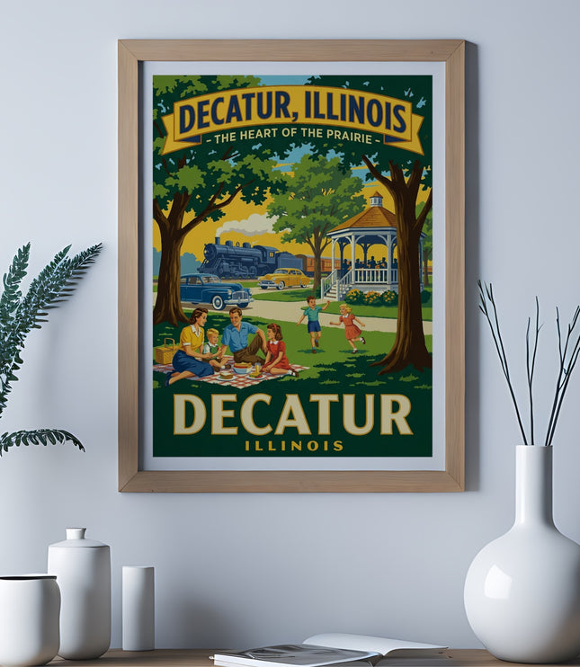 Decatur, Illinois vintage travel poster with picnic scene and train.