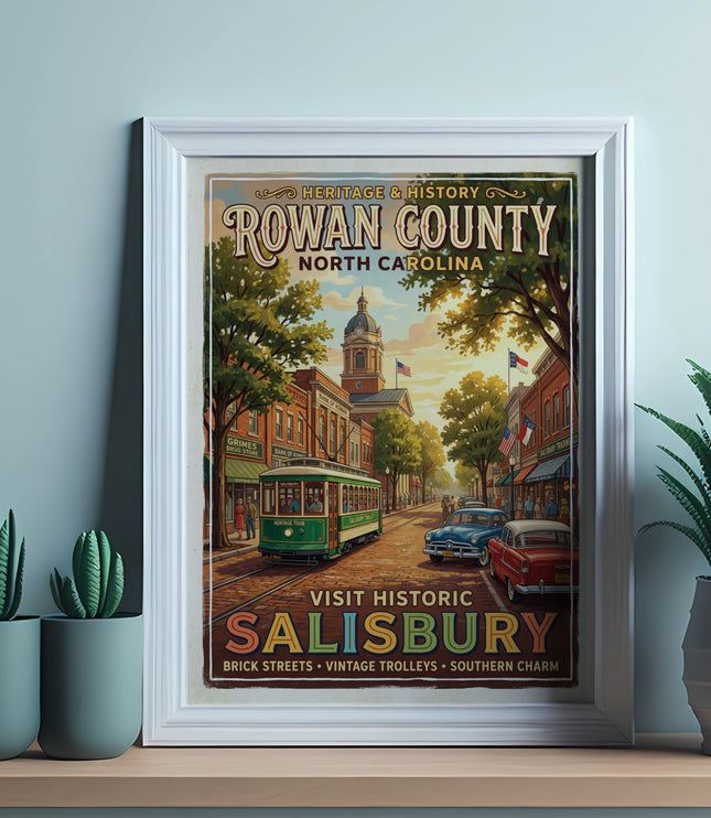 Rowan County, North Carolina travel poster featuring Salisbury, a trolley, cars, and historic buildings.
