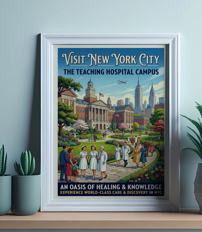 Visit New York City, the teaching hospital campus, with cityscape and people.