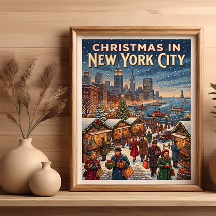Framed print of Christmas in New York City market scene with people and stalls.