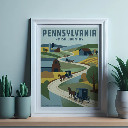 Framed artwork depicting Pennsylvania Amish Country with horse-drawn carriages.