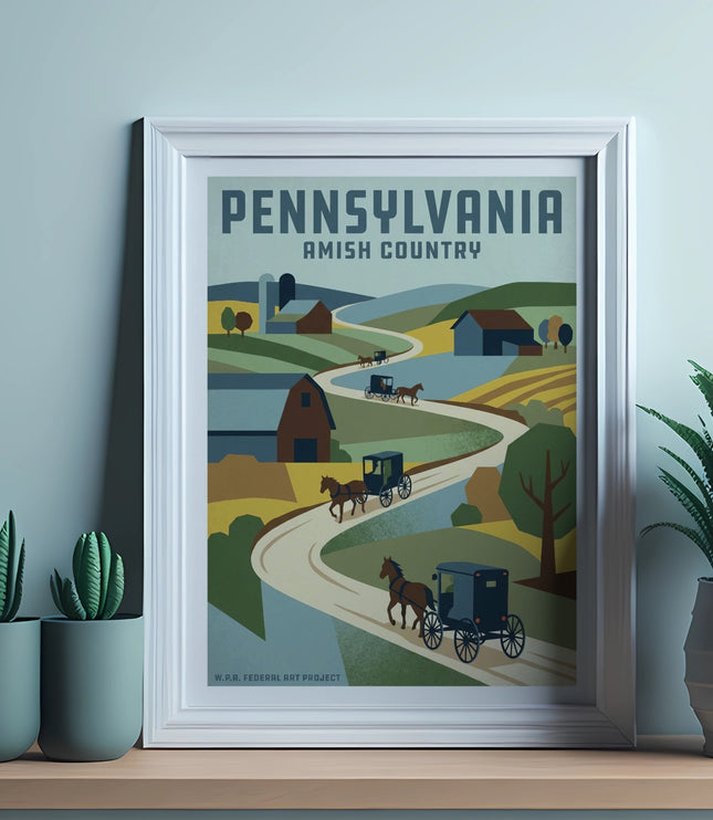 Framed artwork depicting Pennsylvania Amish Country with horse-drawn carriages.