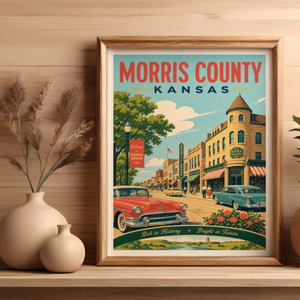Morris County, Kansas vintage travel poster featuring Council Grove and Hays House.