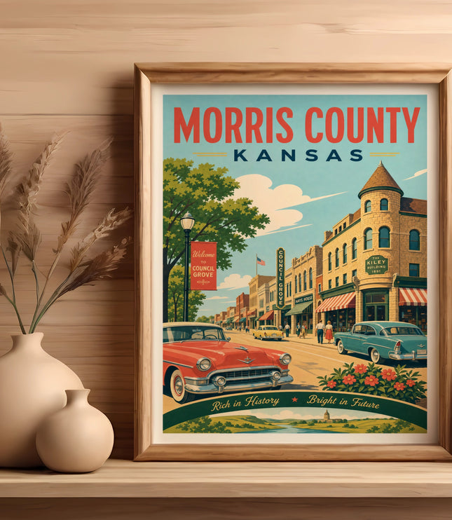 Morris County, Kansas vintage travel poster featuring Council Grove and Hays House.