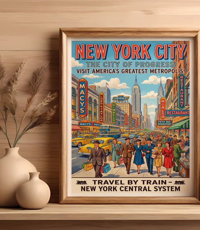 New York City poster depicting street scene with Empire State Building and text about travel by train.