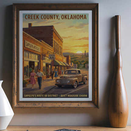 Creek County, Oklahoma Route 66 district poster with Sapulpa Antiques and truck.