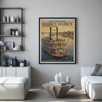 Historic Quincy, Illinois poster with a steamboat on the Mississippi River.