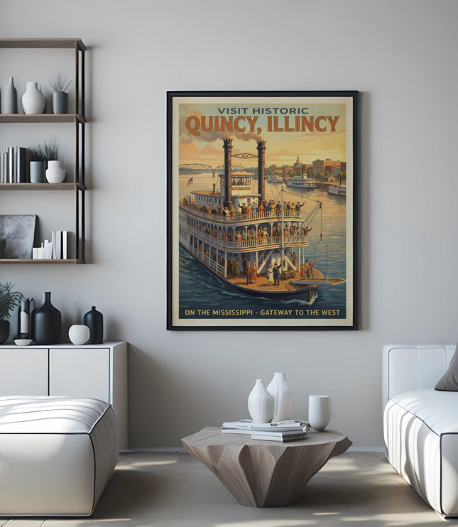 Historic Quincy, Illinois poster with a steamboat on the Mississippi River.