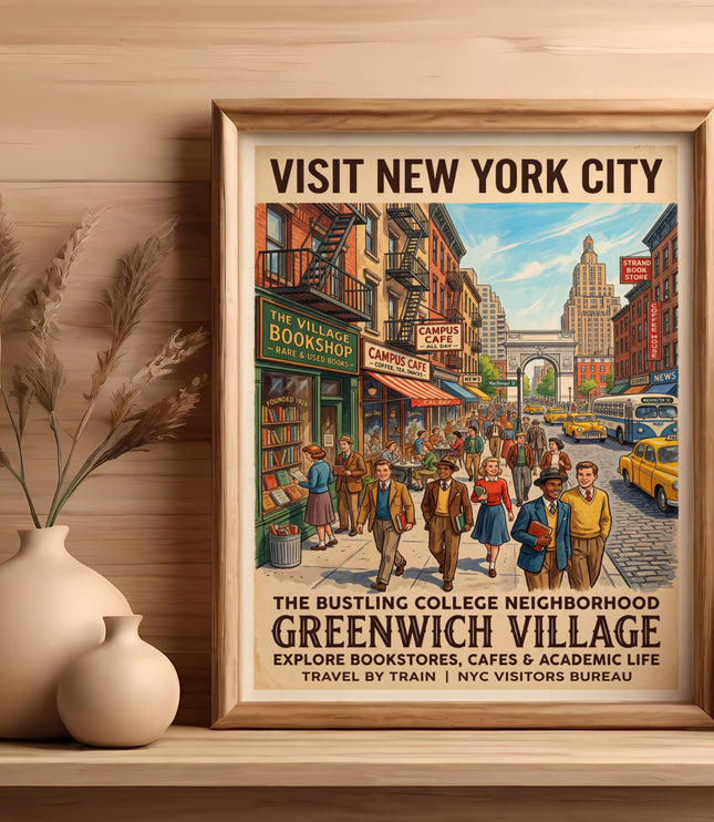 Visit New York City poster of Greenwich Village with people, shops, and archway.