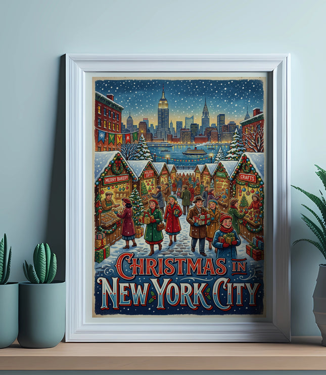 Christmas in New York City poster featuring a winter market and city skyline.