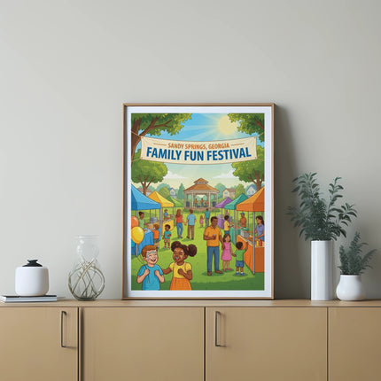 Sandy Springs, Georgia Family Fun Festival poster with diverse families and vendors.