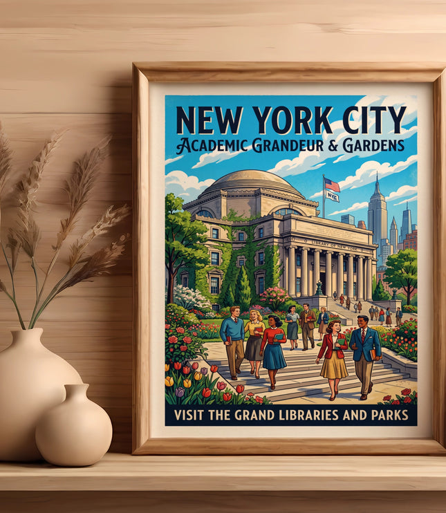 New York City vintage travel poster showing academic buildings and gardens.