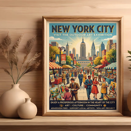 New York City outdoor art exhibition poster featuring crowds browsing stalls.