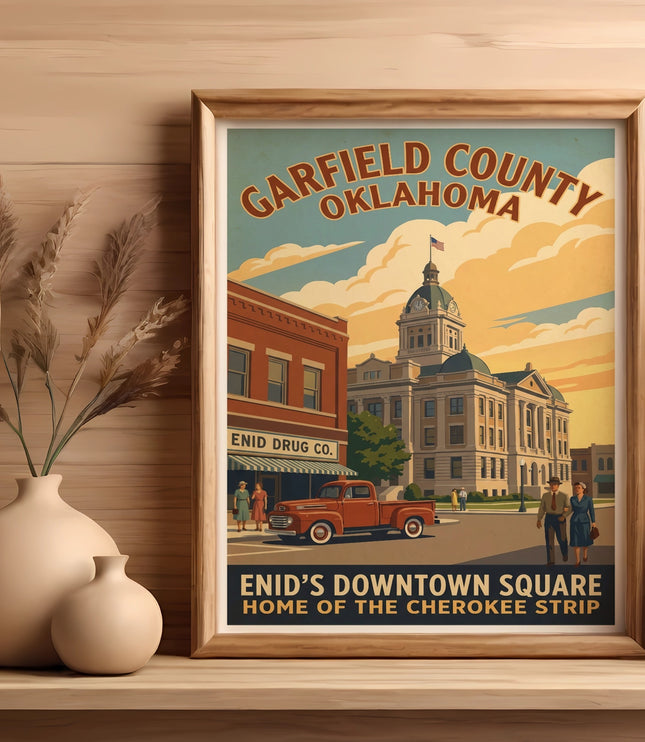 Poster depicting Garfield County, Oklahoma, Enid's downtown square, and Enid Drug Co.