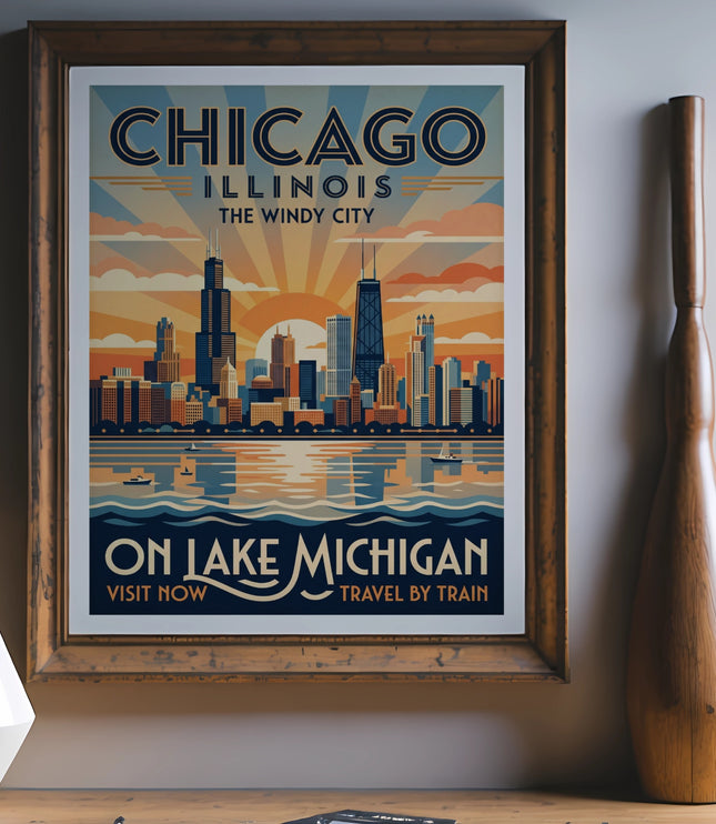 Vintage Chicago Illinois skyline poster with "On Lake Michigan" text.