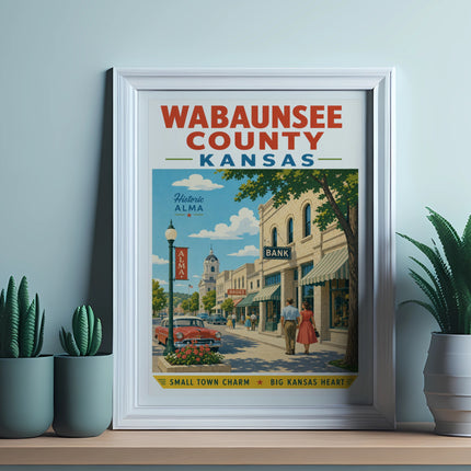 Wabaunsee County, Kansas poster featuring Historic Alma with a bank and drug store.