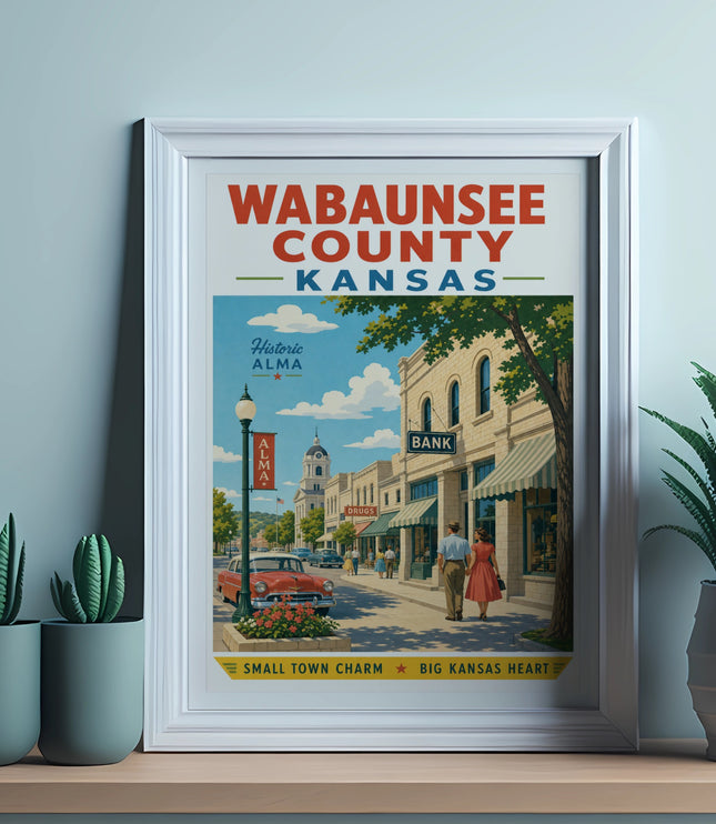 Wabaunsee County, Kansas poster featuring Historic Alma with a bank and drug store.