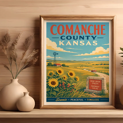 Comanche County Kansas vintage travel poster with sunflowers and windmill.