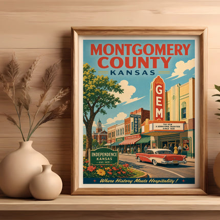 Framed vintage poster of Montgomery County, Kansas with text and classic car.