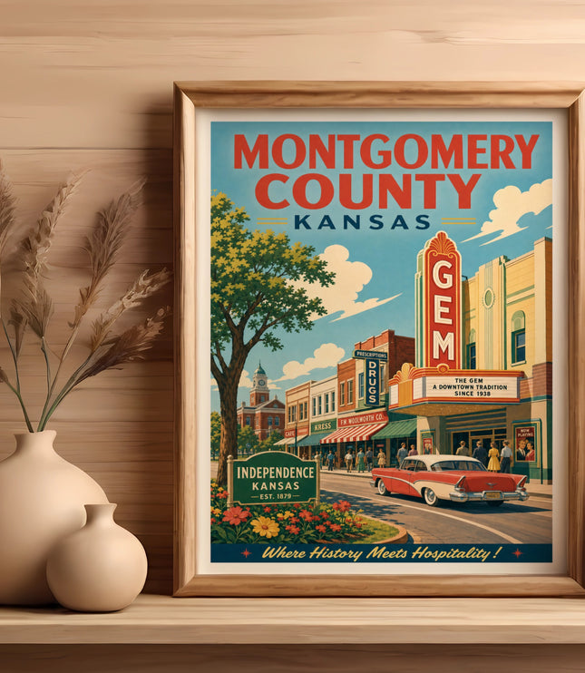Framed vintage poster of Montgomery County, Kansas with text and classic car.