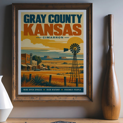 Vintage travel poster for Gray County, Kansas, featuring Cimarron, a windmill, and a town scene.
