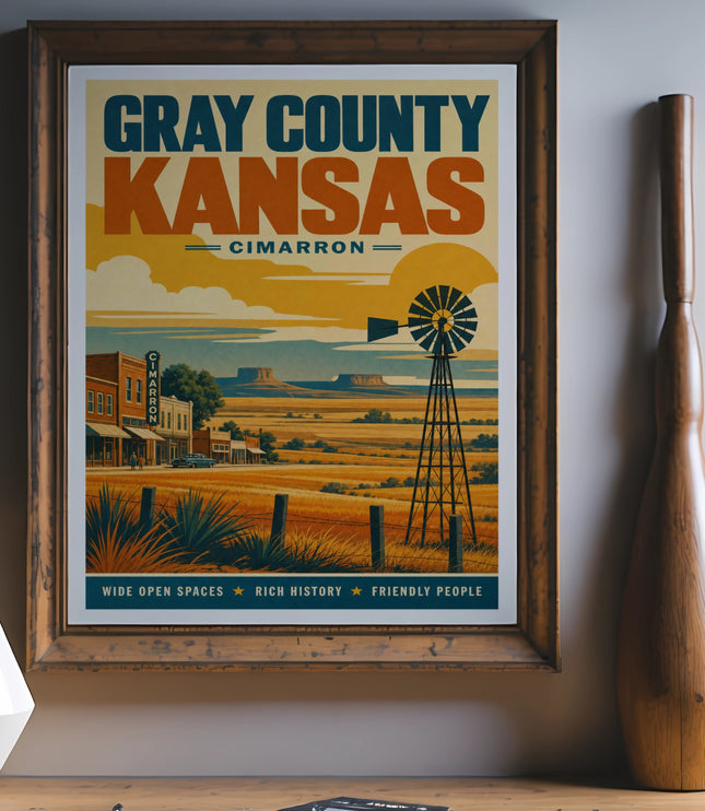 Vintage travel poster for Gray County, Kansas, featuring Cimarron, a windmill, and a town scene.