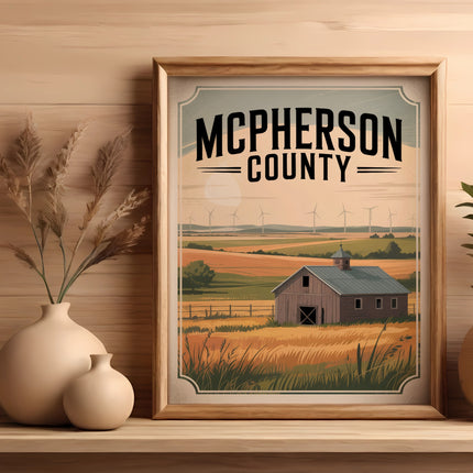 Framed illustration of McPherson County with farm, windmills, and text.