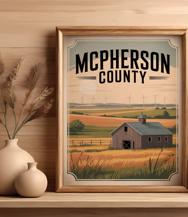 Framed illustration of McPherson County with farm, windmills, and text.