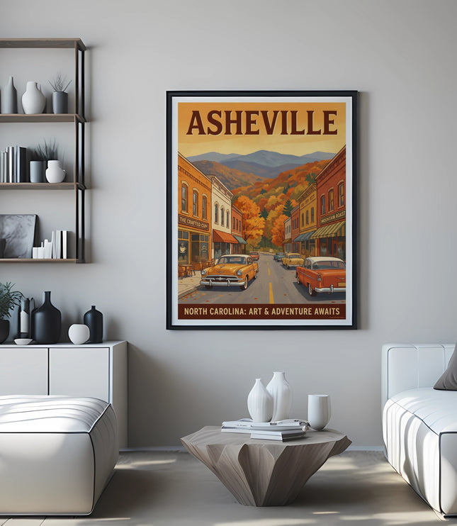 Asheville North Carolina art print with vintage cars and autumn mountains.