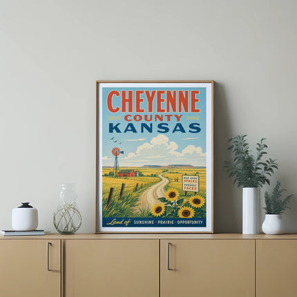Cheyenne County Kansas vintage travel poster with windmill and sunflowers.