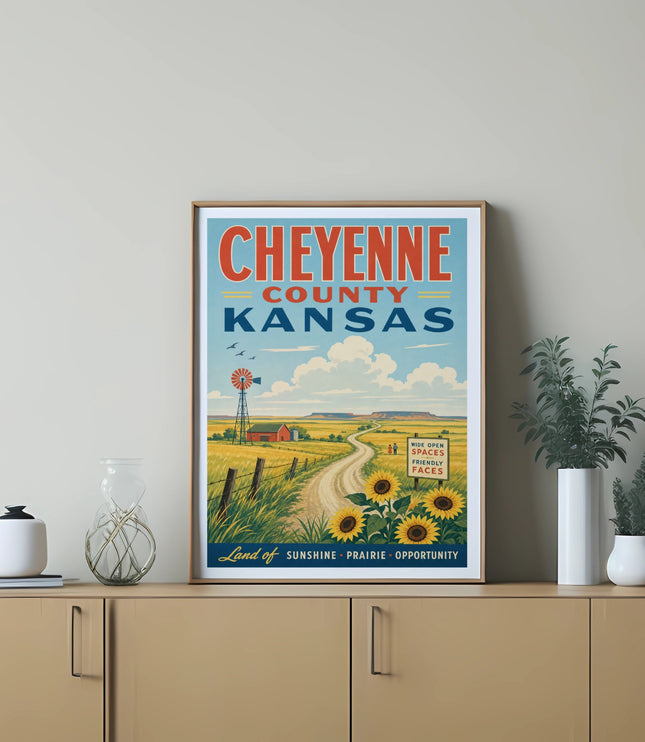 Cheyenne County Kansas vintage travel poster with windmill and sunflowers.