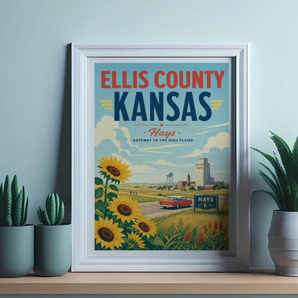 Vintage poster: Ellis County Kansas, Hays, Gateway to High Plains, sunflowers, red car.